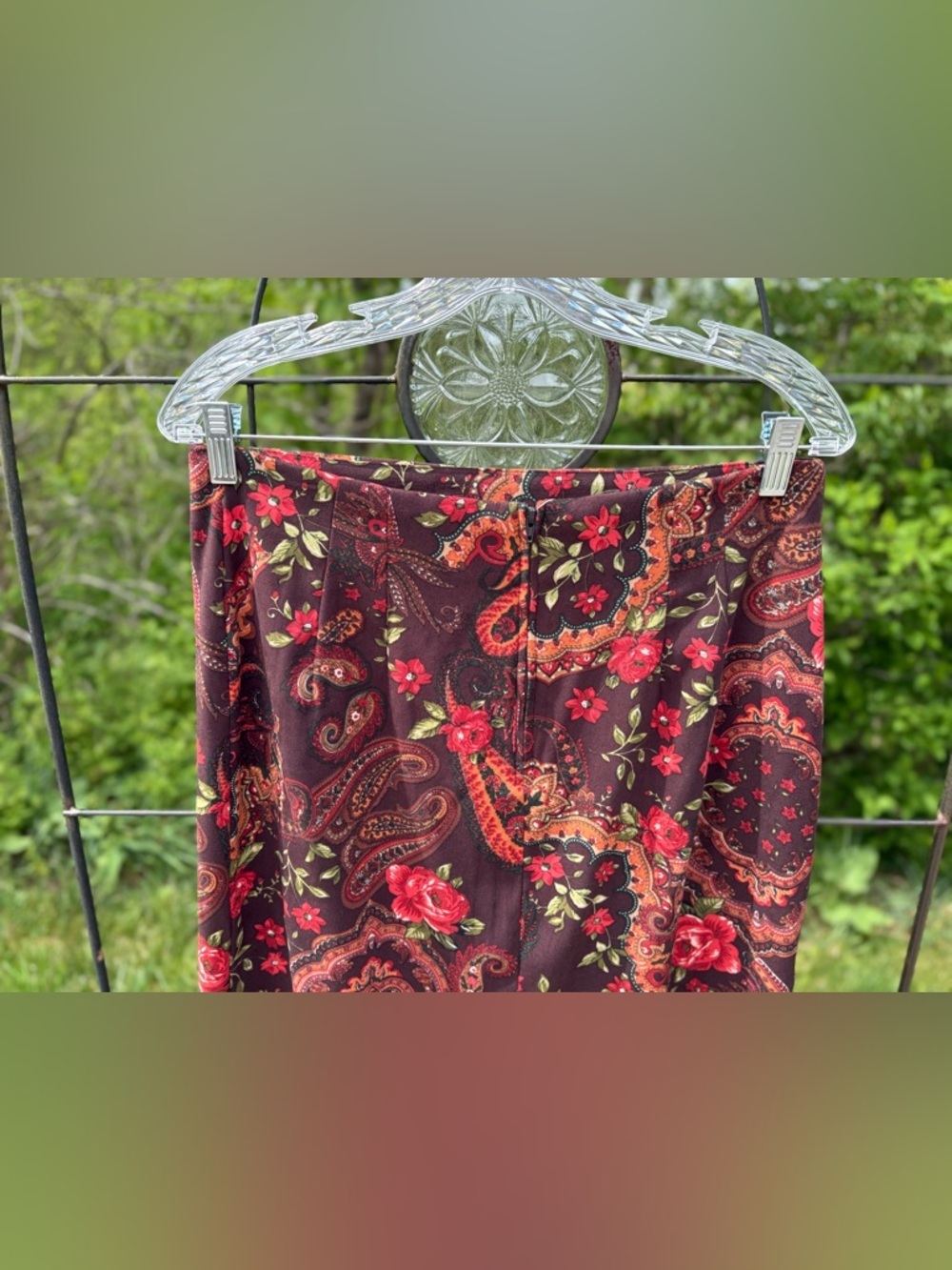 Vintage Briggs New York Brown Midi Skirt Red Floral Print Paisley Women Size 12 - Picture 9 of 14